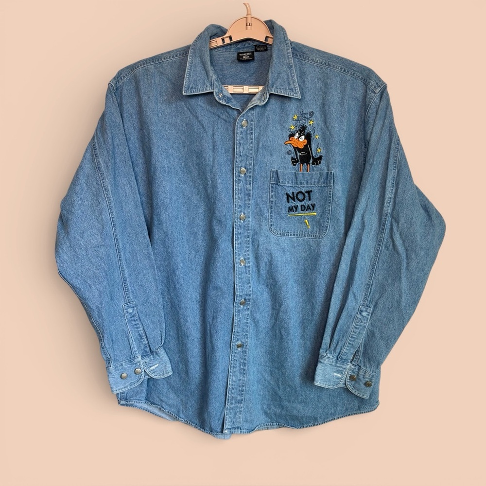 Warner Bros Looney Tunes Long Sleeve Denim Shirt Sz Xl Vtg 90s Retro Humor Euc